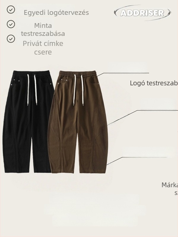 Férfi pamut drapírozott, laza szabású nadrág, egyszínű, hosszú, egyenes szárú, középmagas derék, kötőzár, egyedi gyártás