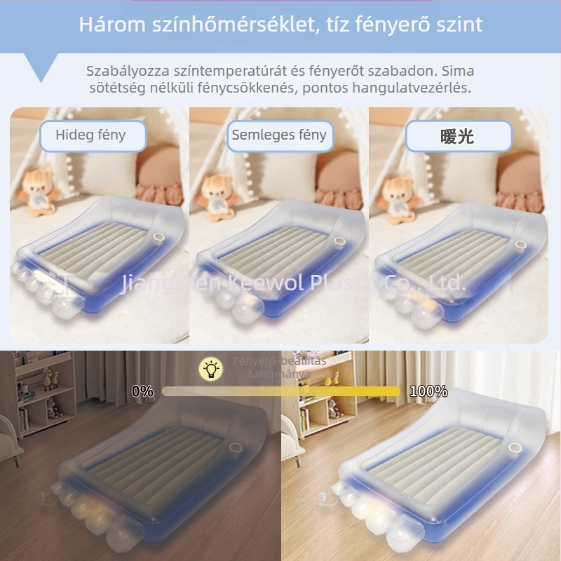 Gyermekeknek szánt kempingező felfújható ágy LED éjszakai fénnyel, flockos felület, tömeg 3,65 kg / készlet, maximális teherbírás 100 kg