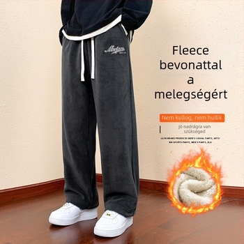 Férfi polietészter sportos szabadidő nadrág fleece belső réteggel, egyenes szabású, középmagas derékvonal, kötőzár, 94% poliészter 6% spandex