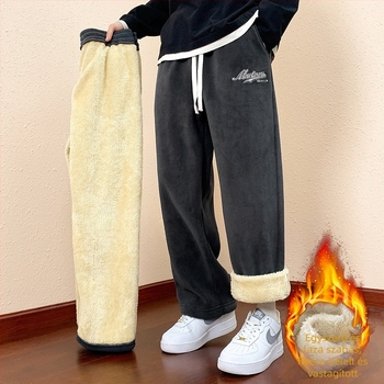 Férfi polietészter sportos szabadidő nadrág fleece belső réteggel, egyenes szabású, középmagas derékvonal, kötőzár, 94% poliészter 6% spandex