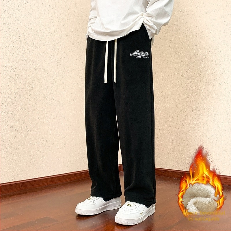 Férfi polietészter sportos szabadidő nadrág fleece belső réteggel, egyenes szabású, középmagas derékvonal, kötőzár, 94% poliészter 6% spandex