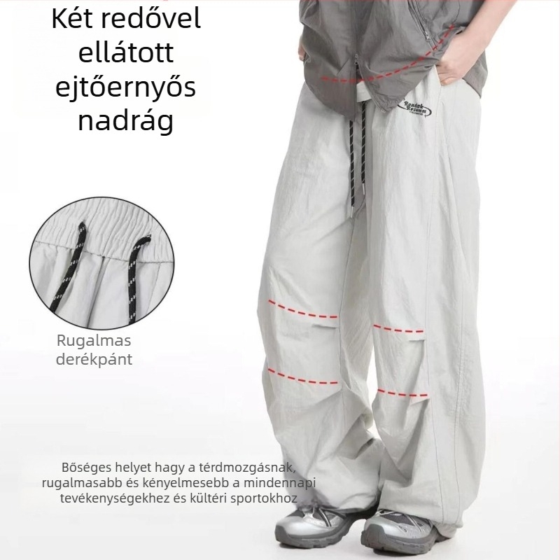Férfi hétköznapi nadrágok, lazább egyenes szabás, poliészter, légáteresztő és nedvesség-elvezető, vasalásmentes, hímzett részlet, középmagas derekú, tavasz–ősz viselet