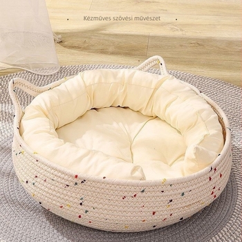 Négy évszakos macskafészek kaparódeszkával, fonott rattan kivitelben, fehér, aranyos