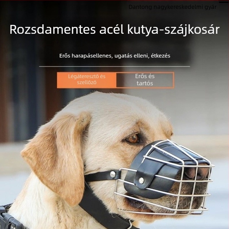 Fém kutyaszájkosár harapás elleni és ugatás elleni funkciókkal; univerzális méretű kutyákhoz; lehetővé teszi a víz ivását.