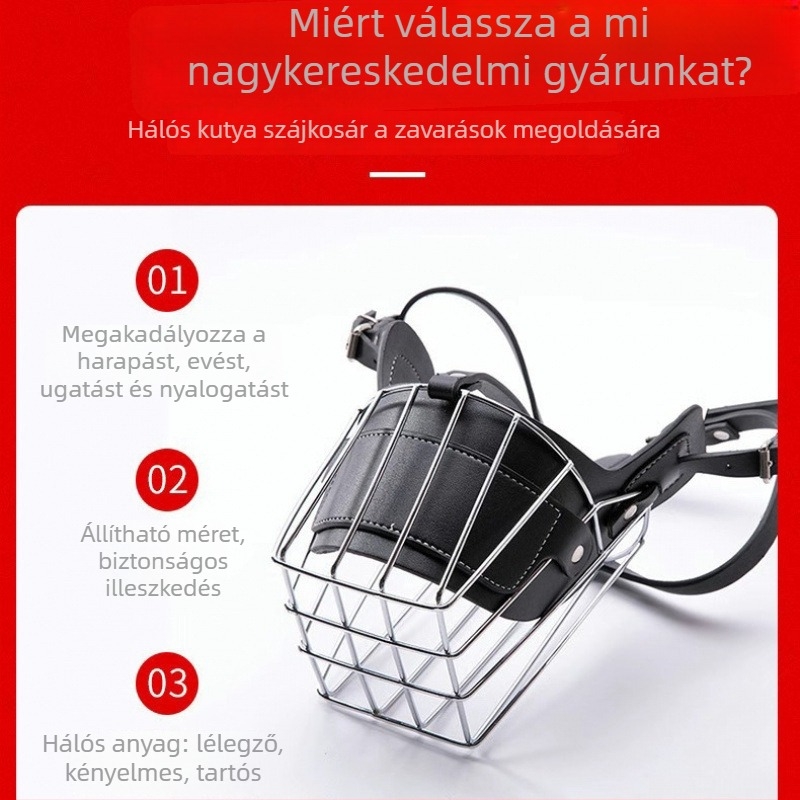 Fém kutyaszájkosár harapás elleni és ugatás elleni funkciókkal; univerzális méretű kutyákhoz; lehetővé teszi a víz ivását.