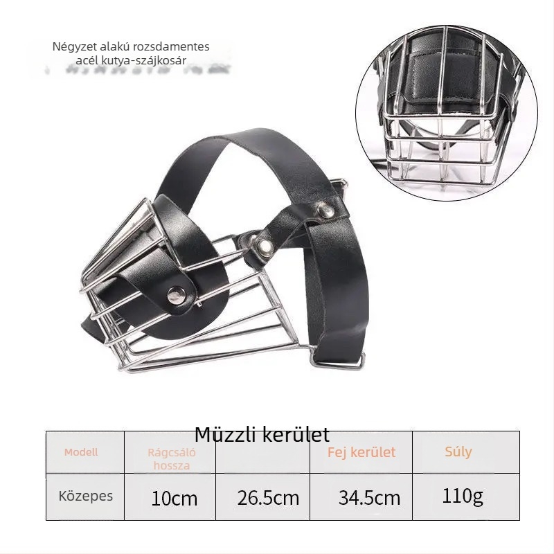 Fém kutyaszájkosár harapás elleni és ugatás elleni funkciókkal; univerzális méretű kutyákhoz; lehetővé teszi a víz ivását.