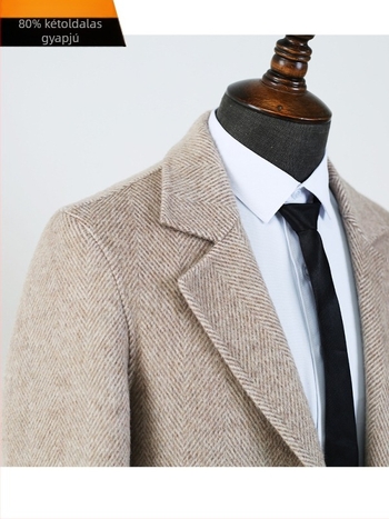 Férfi kétoldalas tweed gyapjúkabát, középhosszú, halszálka mintával, bélés nélküli