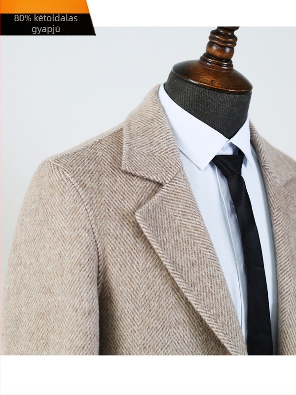 Férfi kétoldalas tweed gyapjúkabát, középhosszú, halszálka mintával, bélés nélküli