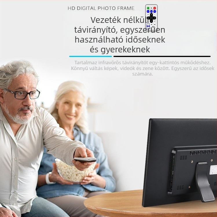 Digitális fotókeret – felbontás 1280x800, 16:9 arány, SD/USB/TF kártya támogatás, BMP/JPEG/PNG/JPG/GIF képfájlok, zene és videólejátszás