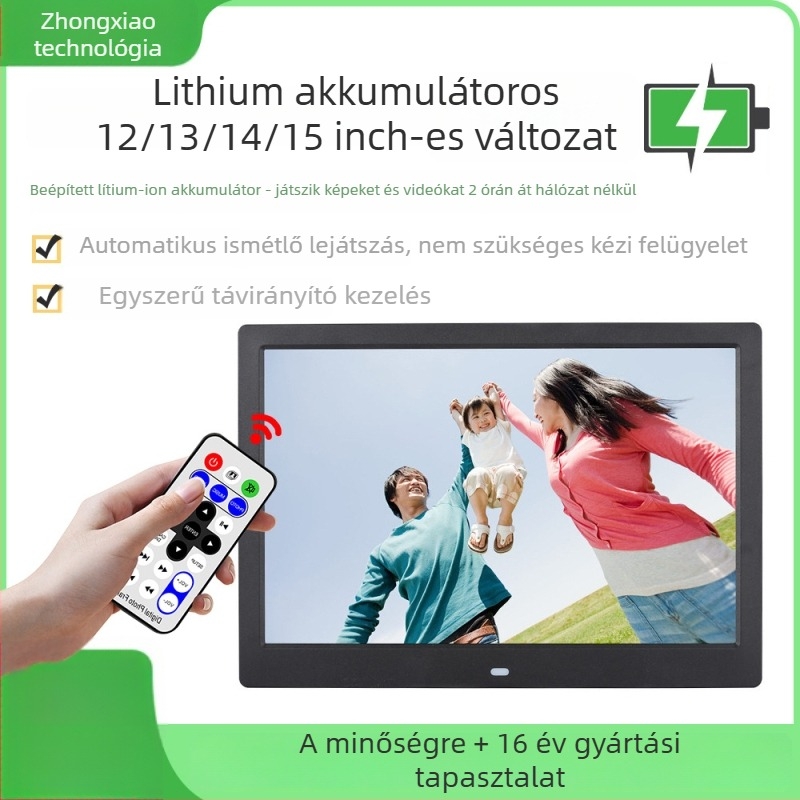 Digitális fotókeret – felbontás 1280x800, 16:9 arány, SD/USB/TF kártya támogatás, BMP/JPEG/PNG/JPG/GIF képfájlok, zene és videólejátszás
