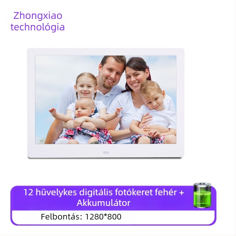 Digitális fotókeret – felbontás 1280x800, 16:9 arány, SD/USB/TF kártya támogatás, BMP/JPEG/PNG/JPG/GIF képfájlok, zene és videólejátszás