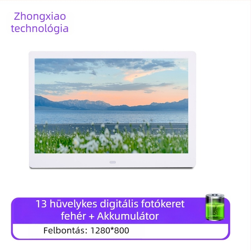 Digitális fotókeret – felbontás 1280x800, 16:9 arány, SD/USB/TF kártya támogatás, BMP/JPEG/PNG/JPG/GIF képfájlok, zene és videólejátszás