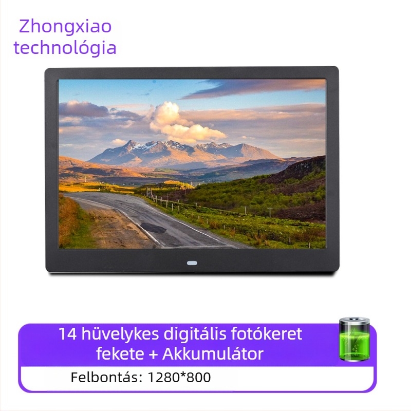 Digitális fotókeret – felbontás 1280x800, 16:9 arány, SD/USB/TF kártya támogatás, BMP/JPEG/PNG/JPG/GIF képfájlok, zene és videólejátszás