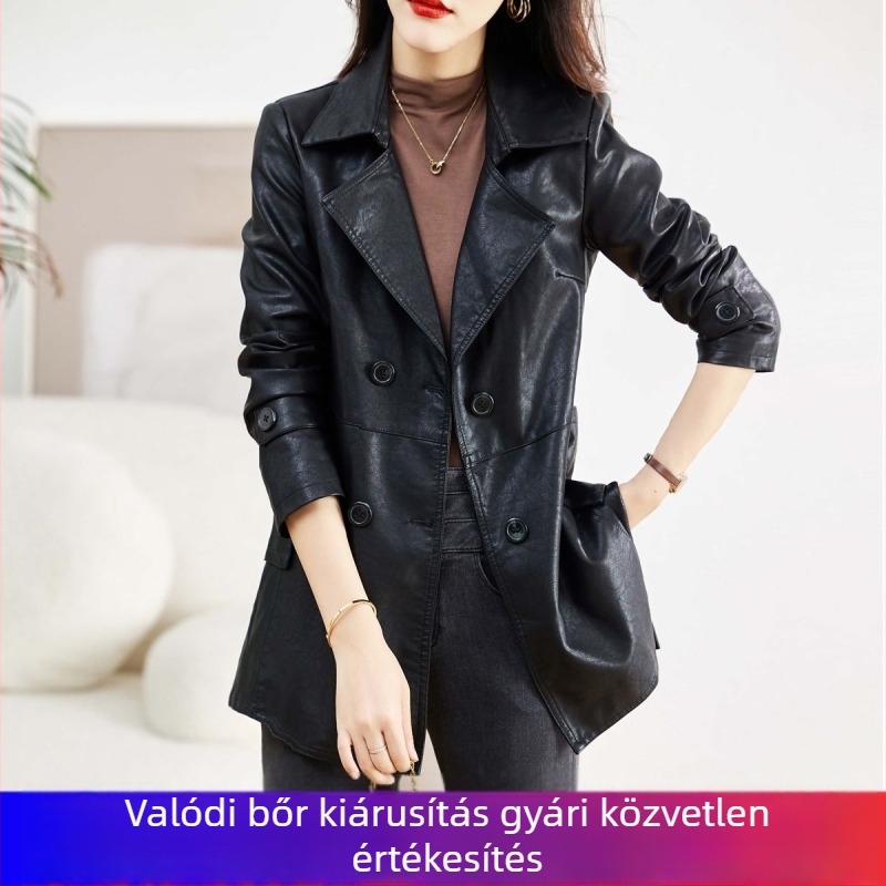 Női valódi bőrből készült kabát, kiemelt derék, elegáns karcsú vonal, középhosszú fazon, prémium stílus, 2023