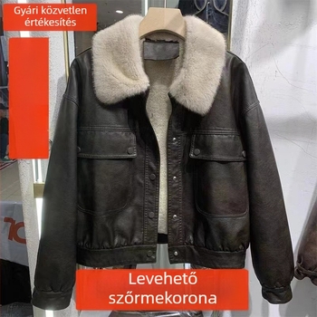Női bőrdzseki Rex nyúlszőrrel bélelt, hosszú szabású, cipzáras zárás, négyzet alakú gallér