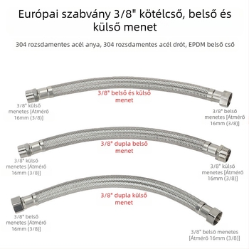 Rozsdamentes acélhálóval bevont tömlőadapter – külső 3/8-as menet, 304 rozsdamentes acél, kézi csatlakozás, 0–90°C, 1.0 MPa