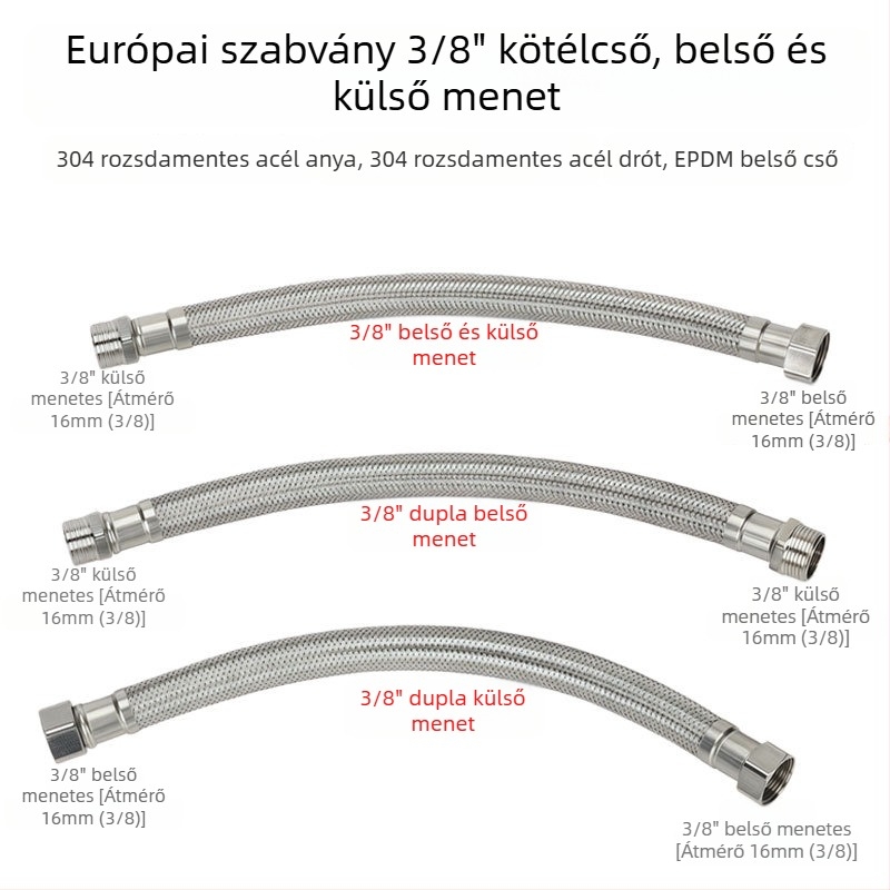 Rozsdamentes acélhálóval bevont tömlőadapter – külső 3/8-as menet, 304 rozsdamentes acél, kézi csatlakozás, 0–90°C, 1.0 MPa