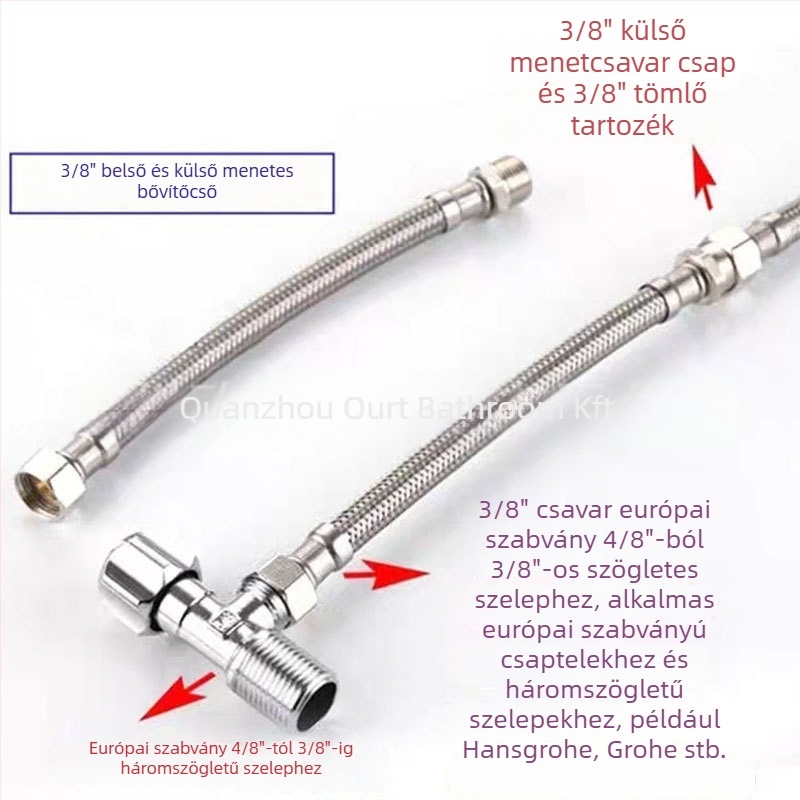 Rozsdamentes acélhálóval bevont tömlőadapter – külső 3/8-as menet, 304 rozsdamentes acél, kézi csatlakozás, 0–90°C, 1.0 MPa