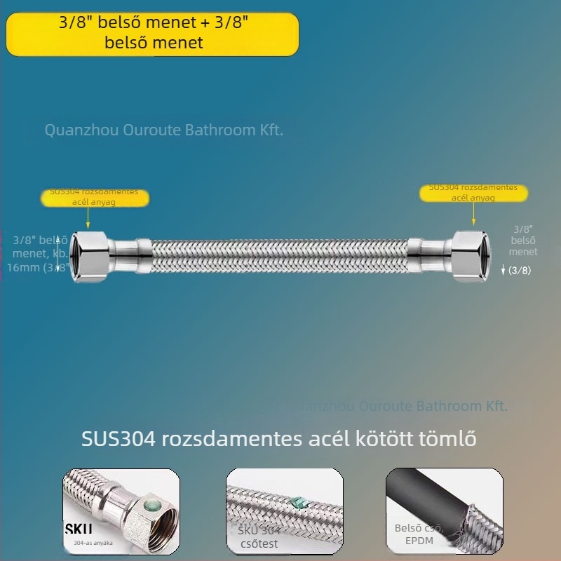Rozsdamentes acélhálóval bevont tömlőadapter – külső 3/8-as menet, 304 rozsdamentes acél, kézi csatlakozás, 0–90°C, 1.0 MPa