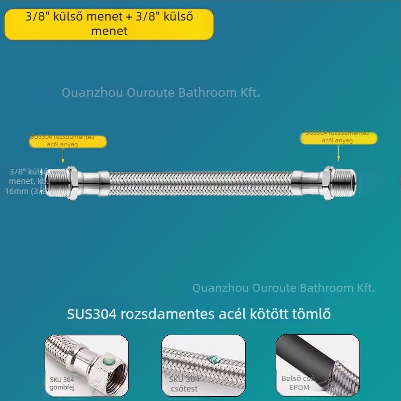 Rozsdamentes acélhálóval bevont tömlőadapter – külső 3/8-as menet, 304 rozsdamentes acél, kézi csatlakozás, 0–90°C, 1.0 MPa