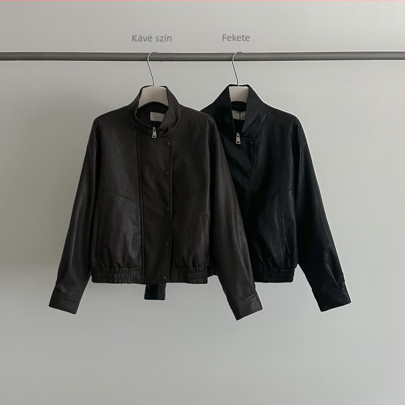Női műbőr dzseki – slim fit, koreai stílus, cipzár, normál hosszúság