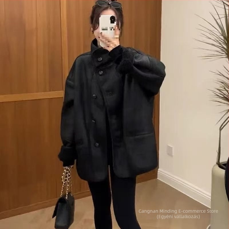 Női bőr motoros kabát mesterséges shearling béléssel, középhosszú