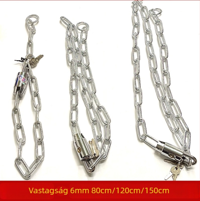 Lánc-zár vastag fejjel, vasból, modellek 5×80/5×100/5×120, kerékpárhoz, triciklizéshez, motorkerékpárhoz és üveg ajtókhoz, 1,3 kg, modern stílus