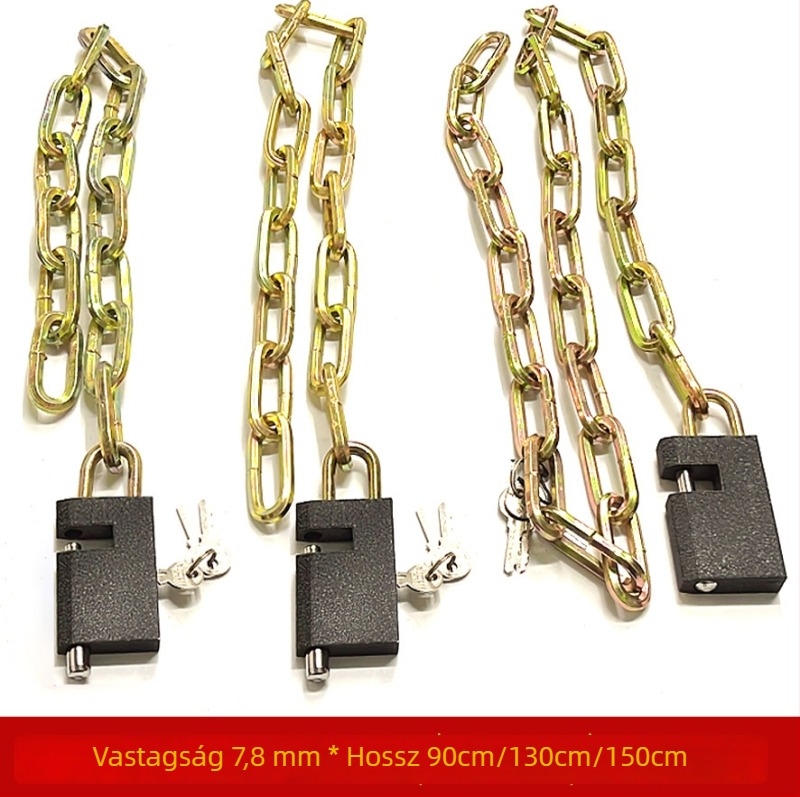 Lánc-zár vastag fejjel, vasból, modellek 5×80/5×100/5×120, kerékpárhoz, triciklizéshez, motorkerékpárhoz és üveg ajtókhoz, 1,3 kg, modern stílus