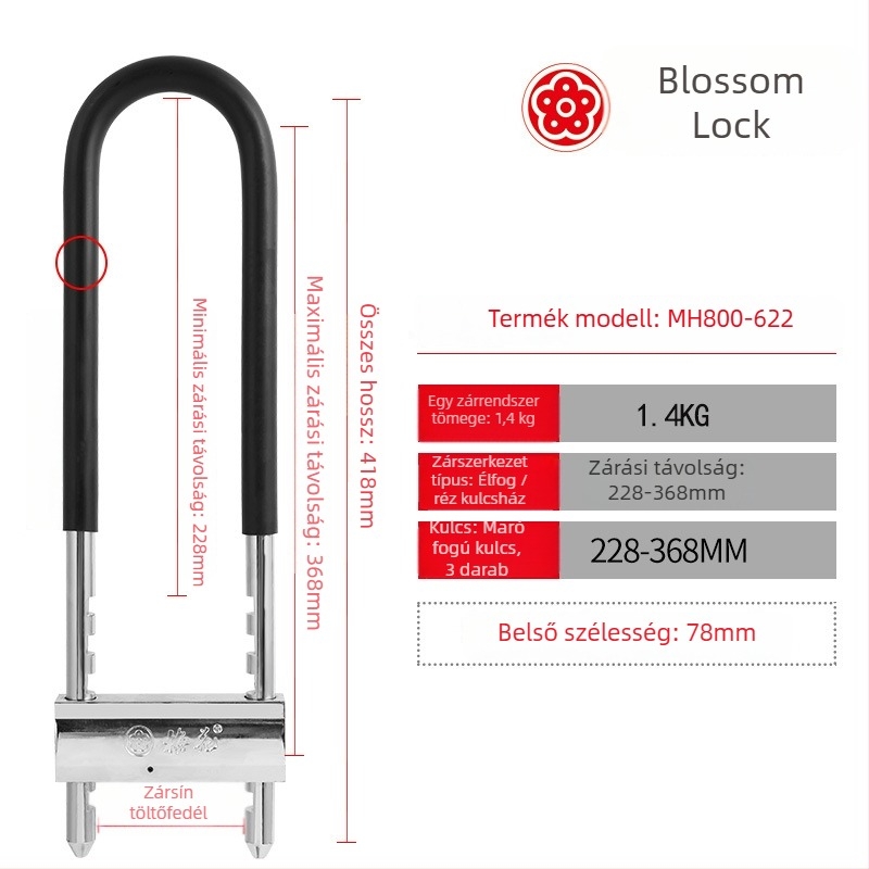 U-alakú mortise zár üveg- és bolti ajtókhoz, modell MH800-622, ötvözött acélból, tömege 1400 g, modern egyszerű stílus