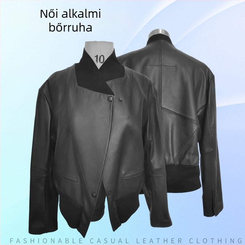 Női báránybőr bőrdzseki, punk utcai stílus, félmagas gallér, hosszú ujjú, hossz 50–65 cm
