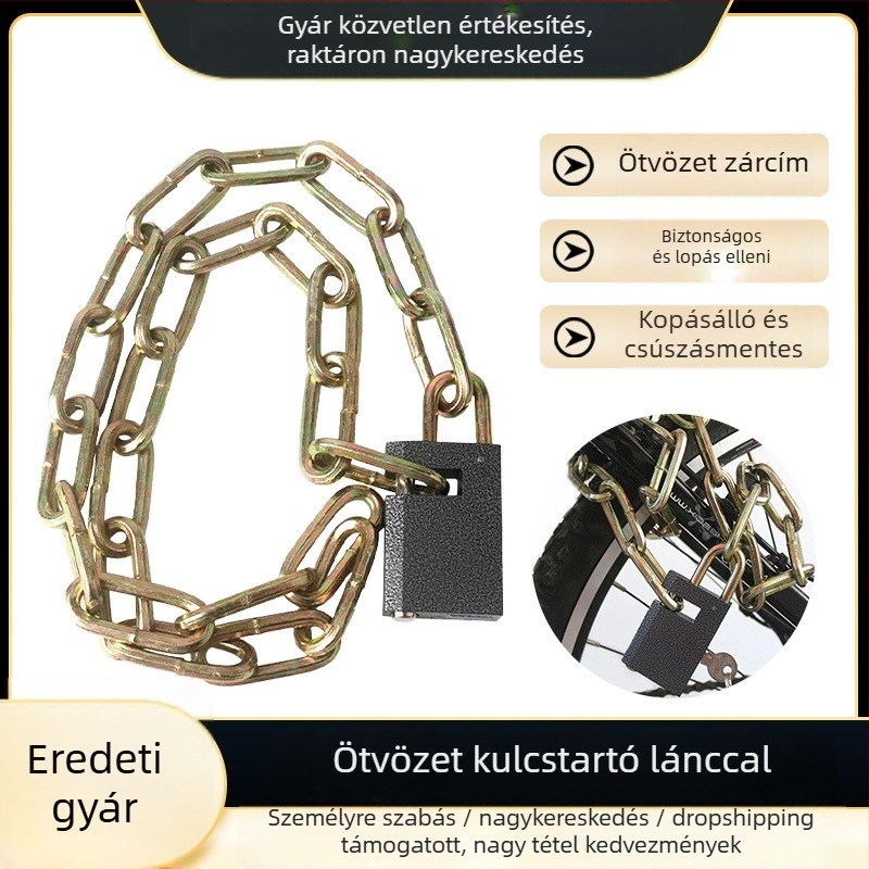 Láncos zár kerékpárokhoz, elektromos járművekhez és motorkerékpárokhoz — ötvözetlánc, 4 mm, három hosszvariáció, modell Key Chain Lock