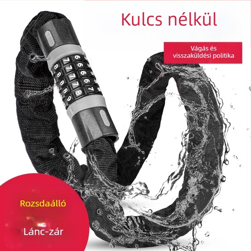 Kerékpárlánc-zár LT04, Xinbo chrome, ötvözet acél test, öt számjegyű jelszó, súly 965 g, modern minimalista stílus