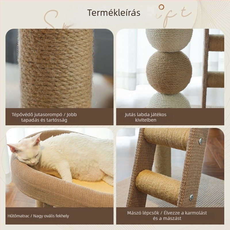Meow Fairy macskafa beépített fészekkel és karmoló oszloppal – textil anyag, pastorális stílus