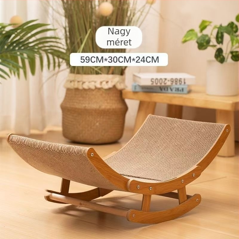 Macska karmolótábla ringató székkel - falra szerelhető, kopásálló, hullámkarton és sűrű farostlemez anyagból, aranyos stílus