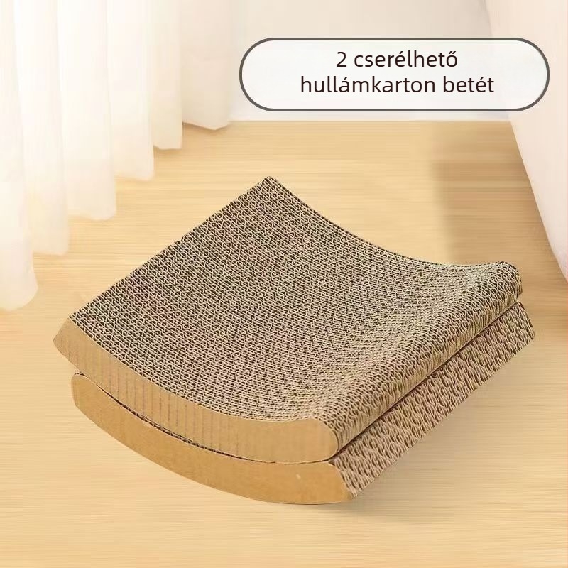 Macska karmolótábla ringató székkel - falra szerelhető, kopásálló, hullámkarton és sűrű farostlemez anyagból, aranyos stílus