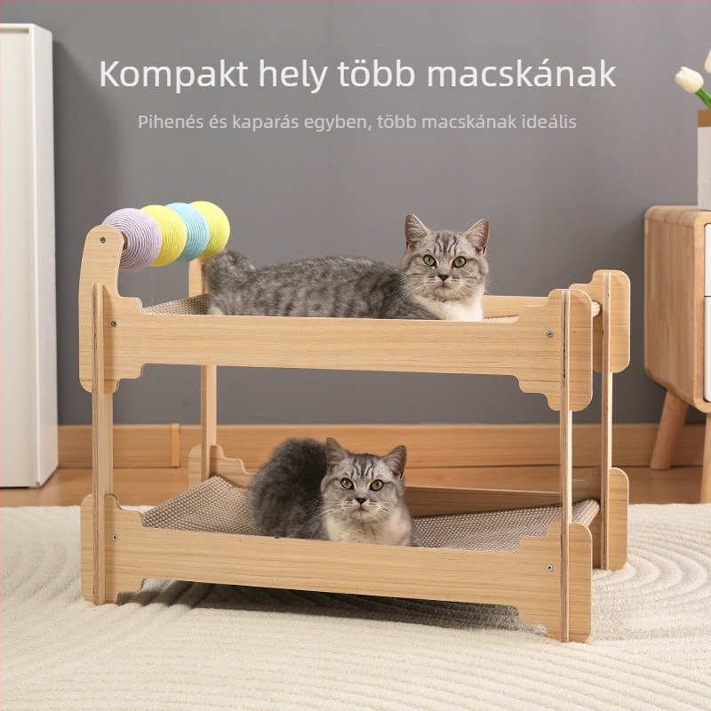 Macska: kettős rétegű, színes golyókkal ellátott függőleges mindent-egyben fekvő és karcoló platform, kopásálló és karcolásálló, masszív fa és sisal konstrukció