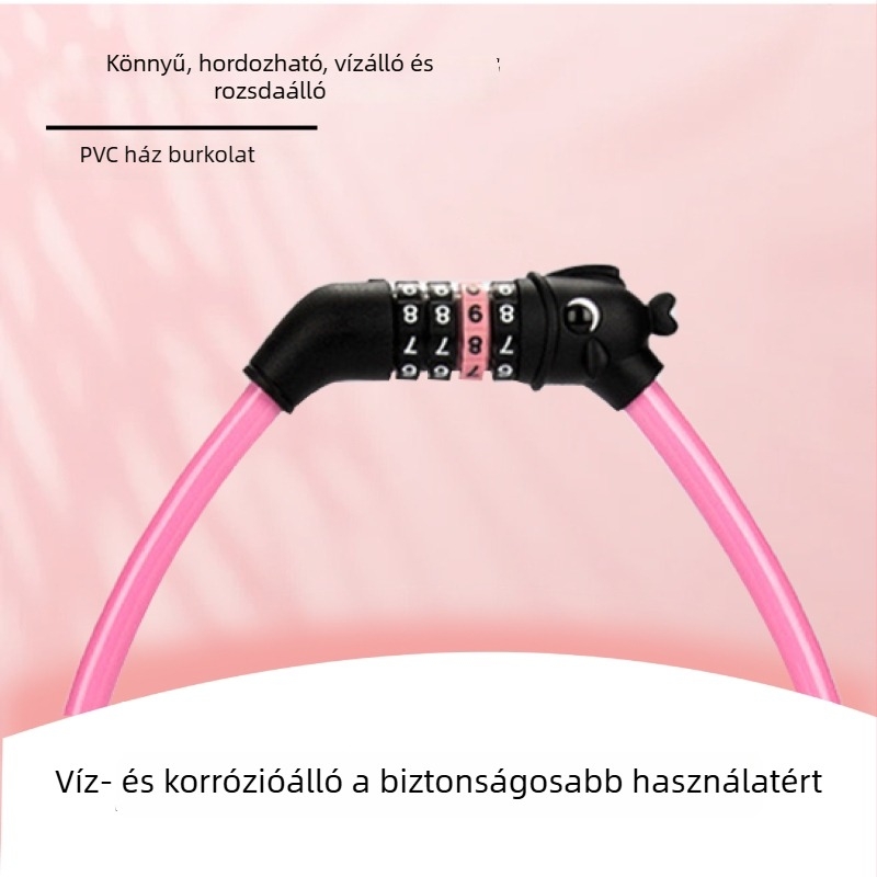Négyjegyű kerékpár-zár halfej formájú, acélkábel és PVC burkolat; súly 138 g; alkalmas kerékpárokra, terepkerékpárokra és elektromos járművekre