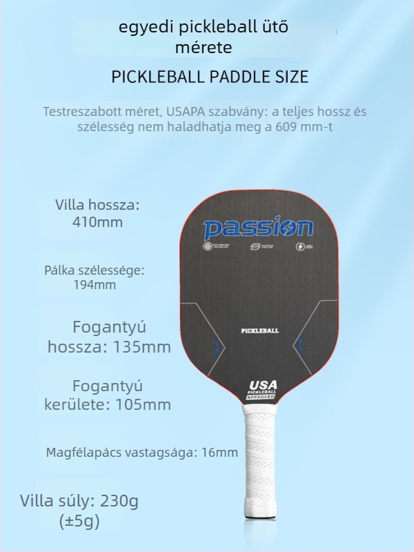 MonsterPlanet karbon szálas pickleball ütő, monoblokk konstrukció, Usapa tanúsított, Fiber Silk húrok