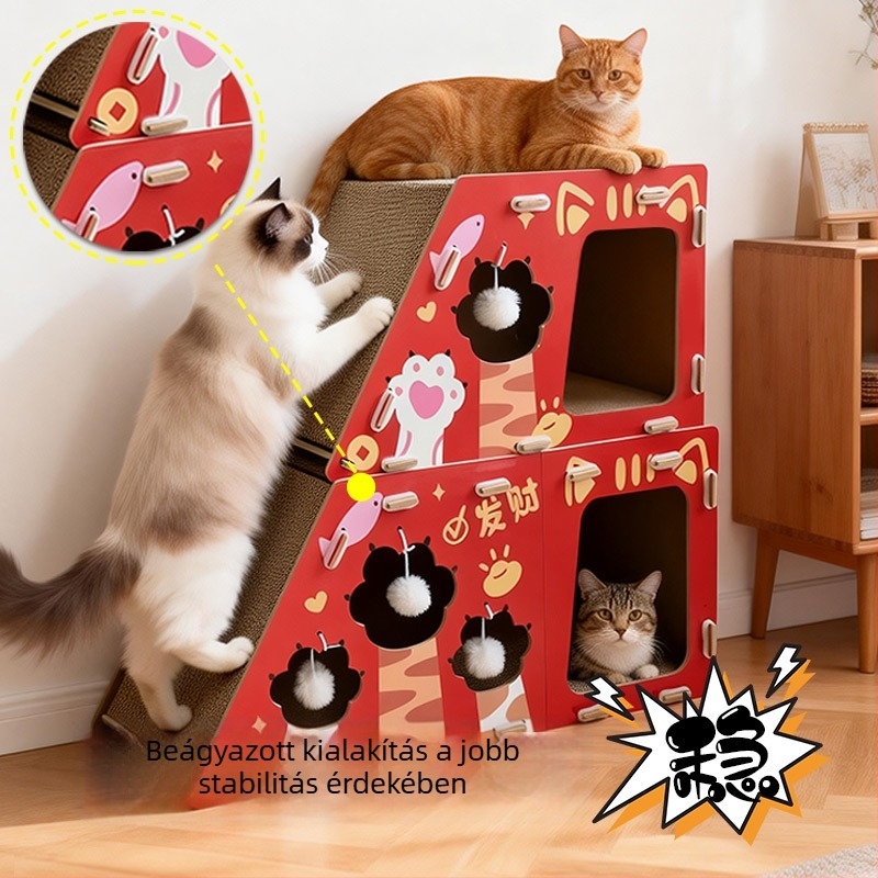 Macska ház sűrű lemezből és hullámpapírból, kétszintes luxus villa, modell MZB1801, Cute and Pet