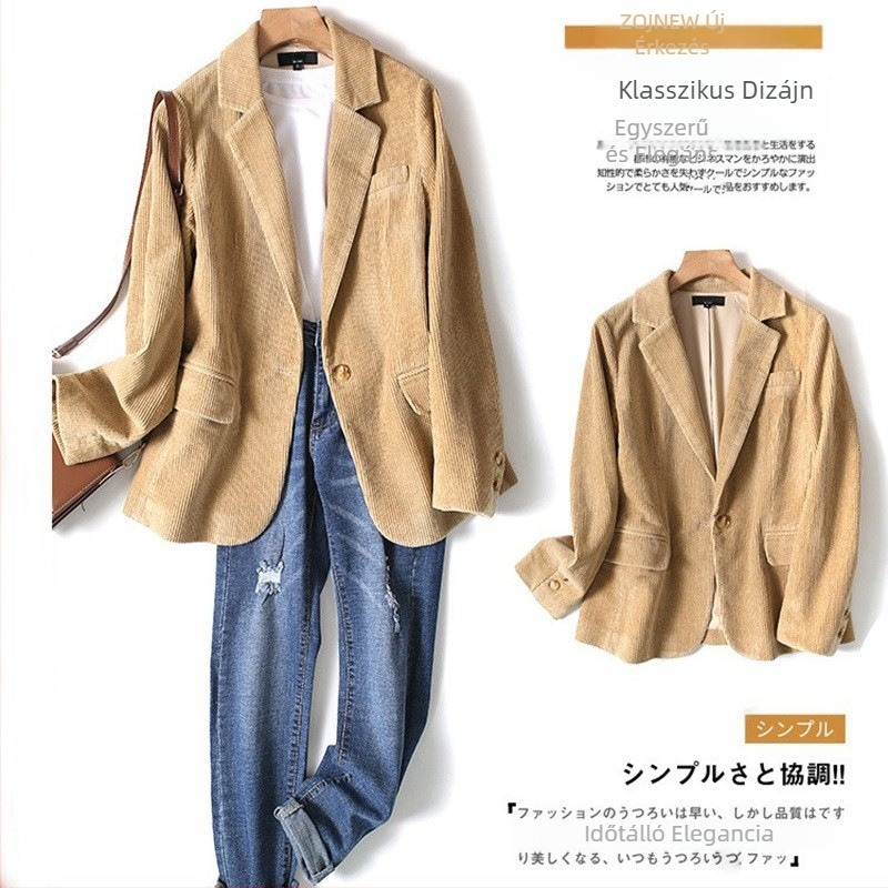 Corduroy női casual kis kosztüm dzseki, lazán szabott, egygombos zárás, normál hosszúságú (50–65 cm)
