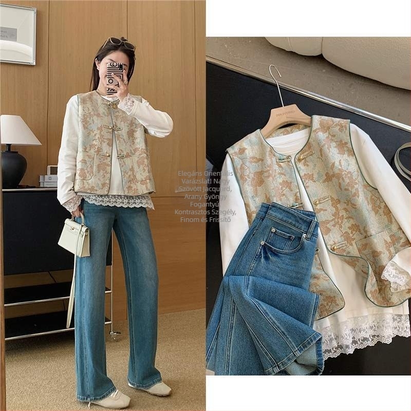 Női laza mellény kerek nyakú, virágos jacquard mintás, csattal záródó előfret placket, kínai retro stílus, tavasz 2025, anyag 95%+