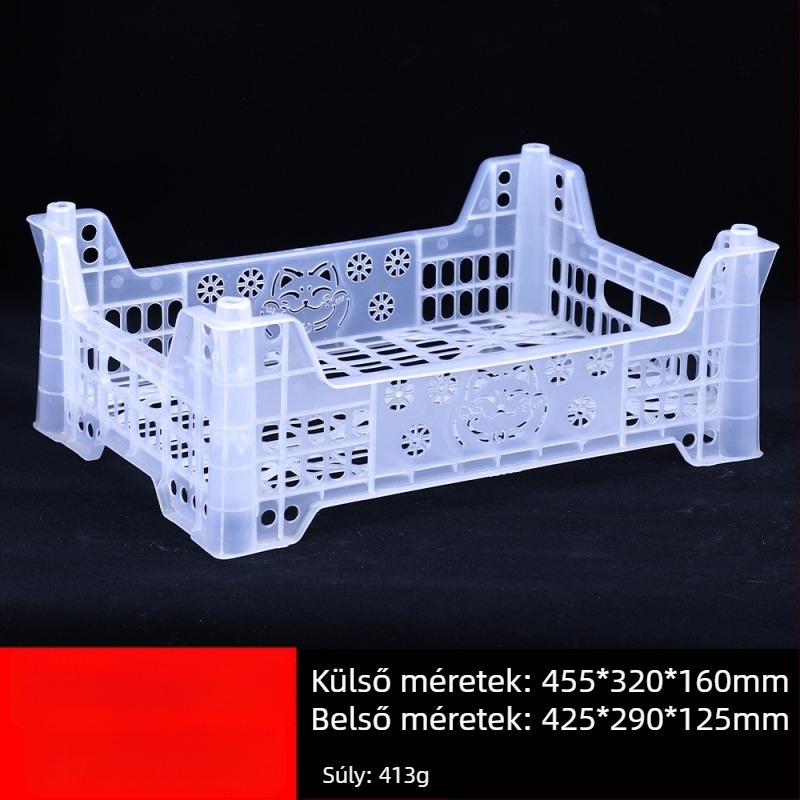 Egyszer használatos műanyag gyümölcsös kosár, PP anyag, teherbírás 3 kg, falvastagság 1.8–2.3 mm, injektálással öntött