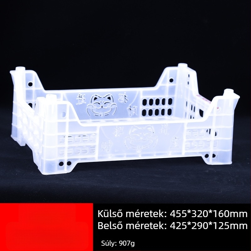 Egyszer használatos műanyag gyümölcsös kosár, PP anyag, teherbírás 3 kg, falvastagság 1.8–2.3 mm, injektálással öntött