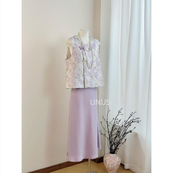 Lila női mellény kínai stílusban, tavaszi viselet, fiatalos szabás, kerek nyak, elegáns minőségérzet, nemzet ihletésű mellény