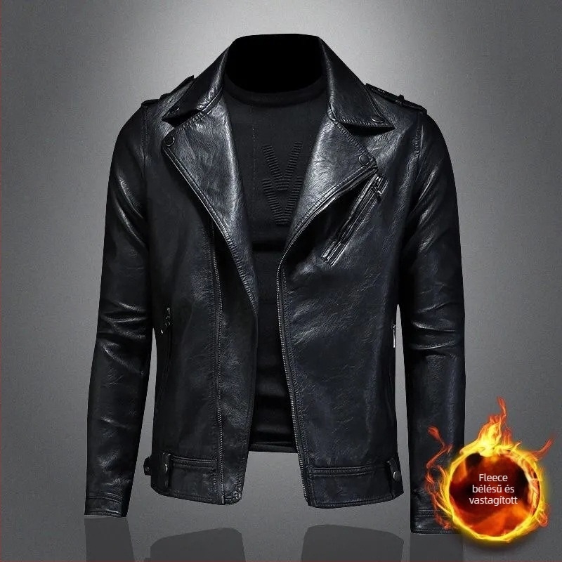 Férfi bőr motoros dzseki – slim fit, előlről cipzár, juhbőr, fleece belső, street rock stílus