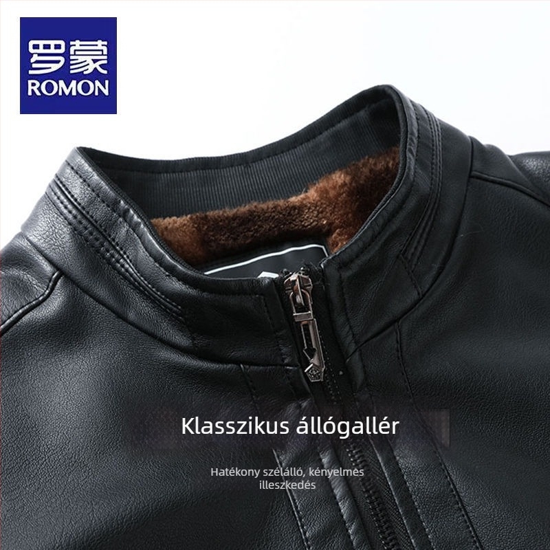 Romon férfi bőrdzseki fleece béléssel, vastag téli kabát álló gallérral