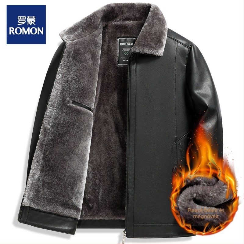 Férfi nubuk bőrből készült kabát, fleece béléssel, cipzárral, laza szabású