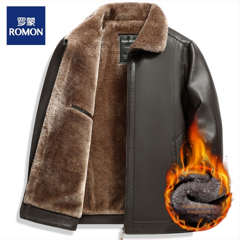 Férfi nubuk bőrből készült kabát, fleece béléssel, cipzárral, laza szabású