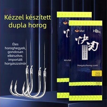 Értékes horgászzzsinór-készlet előre kötött rövid vezetőkkel, dupla horoggal és arany mandzsettákkal karász-horgászatra tavakban