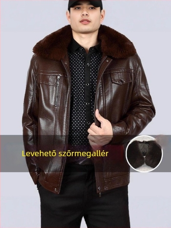 Férfi PU bőrdzseki fleece béléses gallérral, meleg téli külsőruha levehető béléssel, üzleti-casual